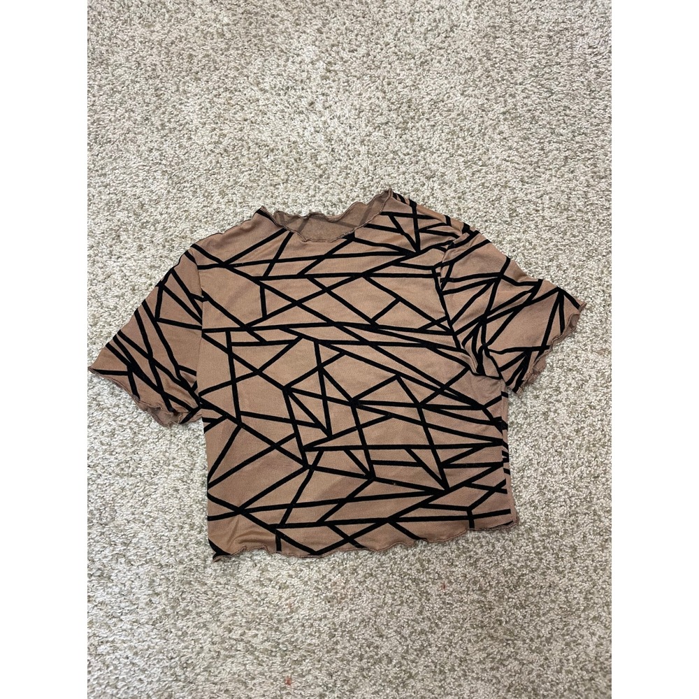 Y2K Geometric Mesh Crop Top Tan Lettuce Edge Grunge Short Sleeve Whimsigoth
